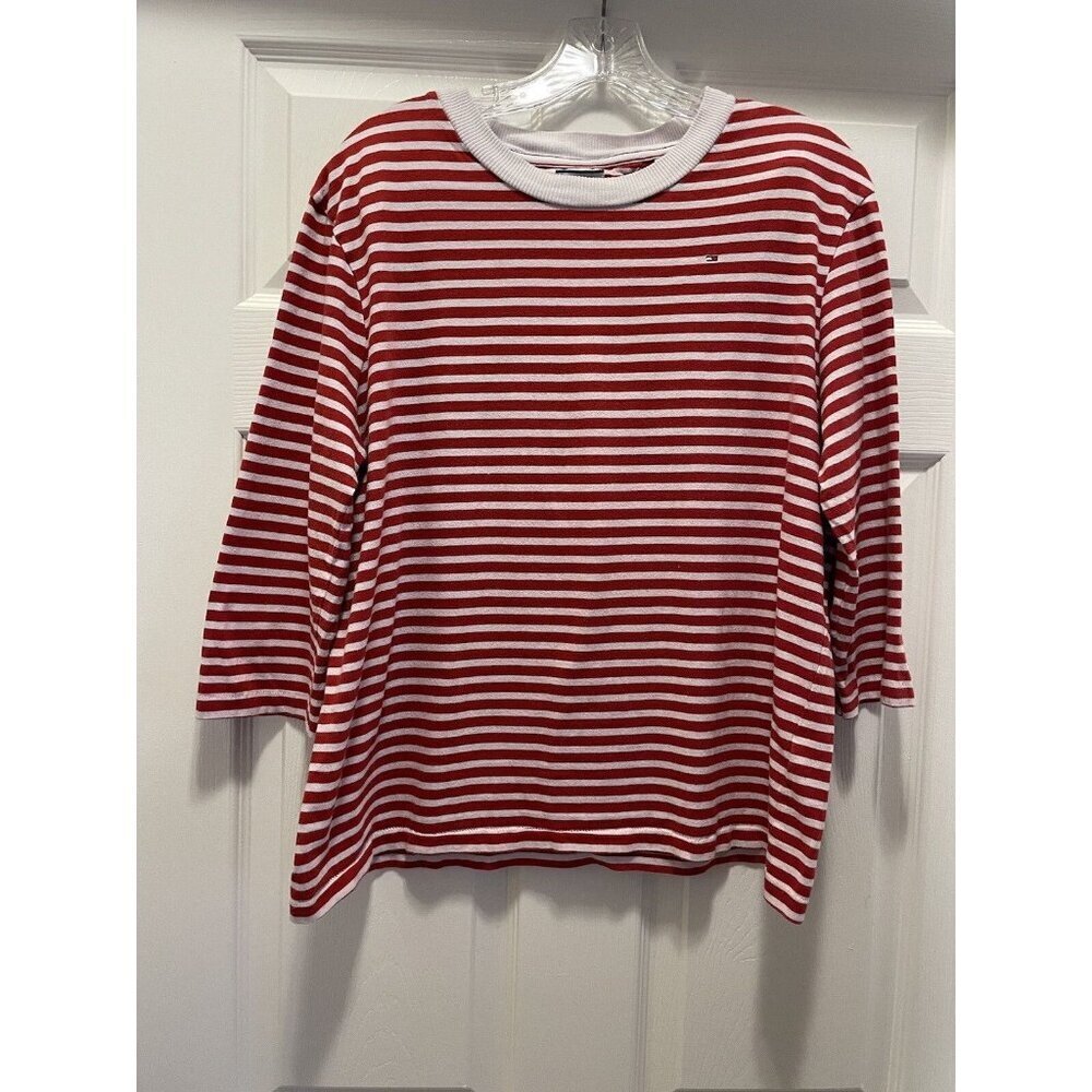 Vintage Tommy Jeans Red And White Striped 3/4 Sleeve Shirt Size XL